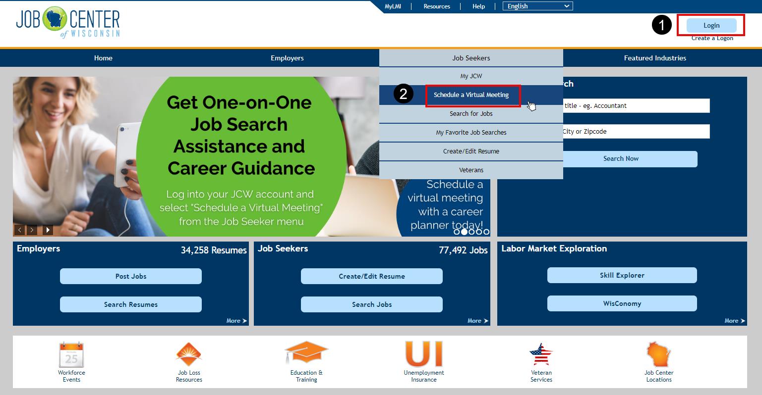 Select Schedule a Virtual Meeting from the Job Seekers menu on JCW.com.